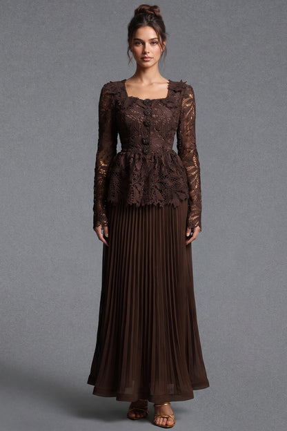 Dark Brown Guipure Lace Peplum Top & Pleated Maxi Skirt Two-Piece Set dark brown guipure lace two-piece skirt set - product view 1