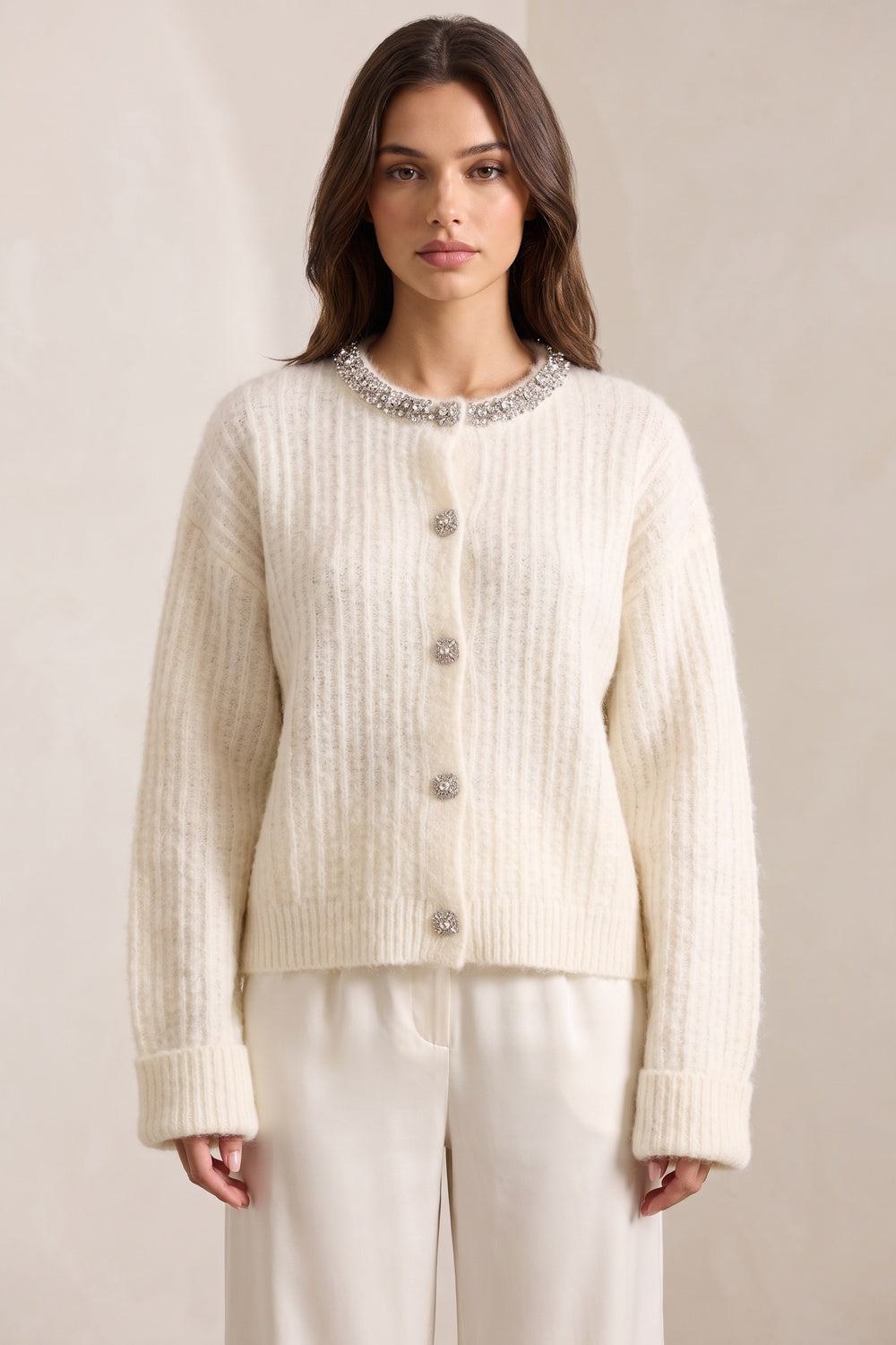 Off-White Mohair Cardigan with Rhinestone Trim off-white mohair-blend knit cardigan - product view 1