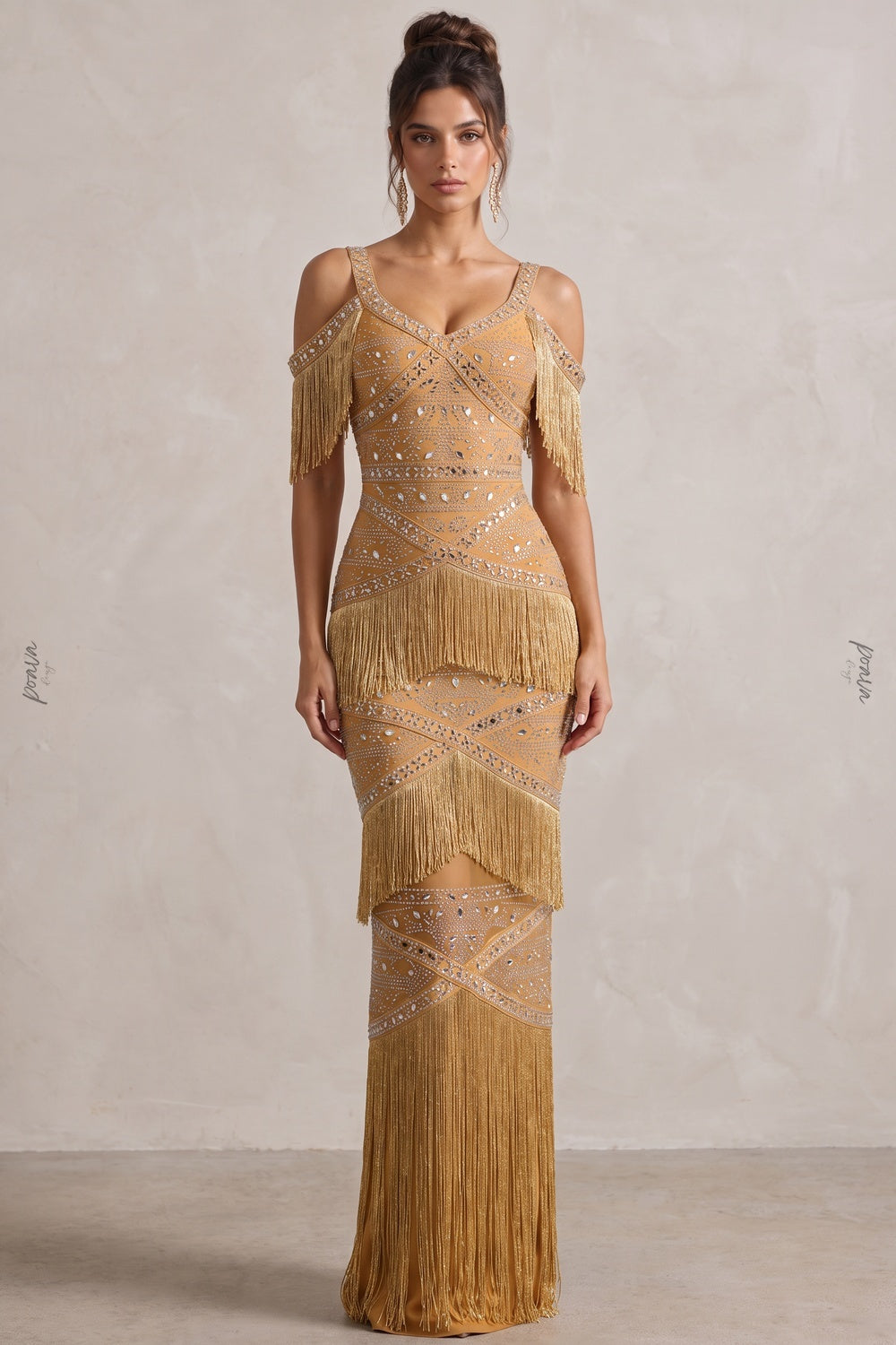Mustard Gold Fringe Evening Gown with Rhinestone Embellishment mustard gold heavy stretch bandage knit evening gown - product view 1