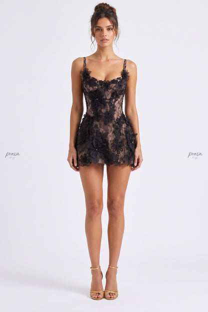 Black Lace Fit-and-Flare Mini Dress with 3D Floral Appliqués black lace dress - product view 1