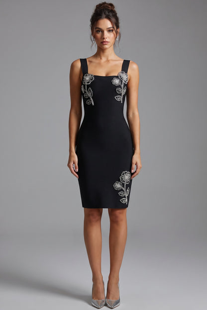 Black Heavy Stretch Knit Sheath Dress with Silver Floral Embellishments black heavy stretch knit dress - product view 1