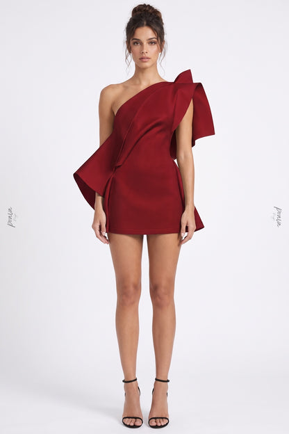 Deep Red One-Shoulder Sculptural Draped Mini Dress deep red heavy structured crepe or double-faced satin mini dress - product view 1