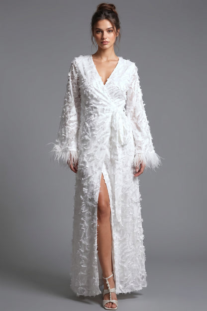 White Textured Eyelash Fabric A-Line Wrap Maxi Dress with Feather Trim white textured eyelash/shredded-ribbon fabric wrap maxi dress - product view 1