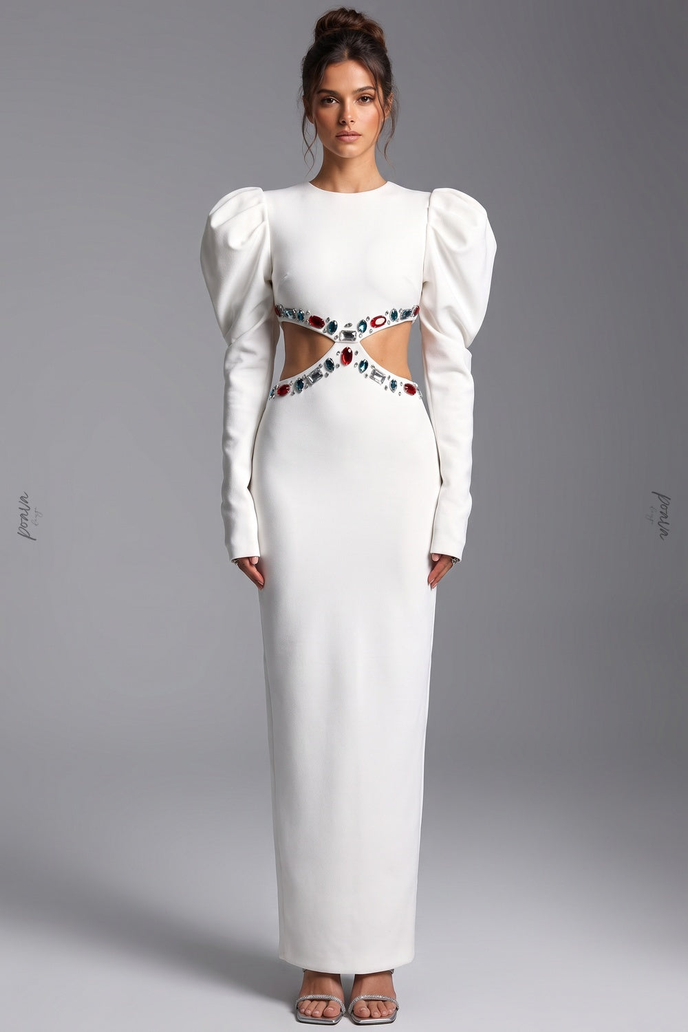 White Heavy Crepe Column Maxi Dress with Puff Shoulders and Crystal Cutouts white heavy crepe maxi dress - product view 1