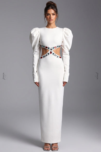 White Heavy Crepe Column Maxi Dress with Puff Shoulders and Crystal Cutouts white heavy crepe maxi dress - product view 1