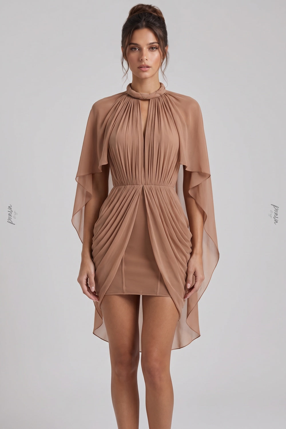 Nude Sheer Chiffon or Georgette Fitted Bodycon Under-Layer with Draped Cape Overlay Mini Dress nude, tan, taupe sheer chiffon or georgette mini dress - product view 1