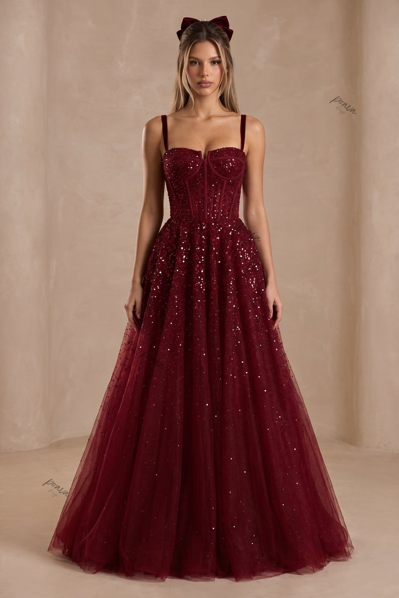 Burgundy Tulle A-Line Evening Gown