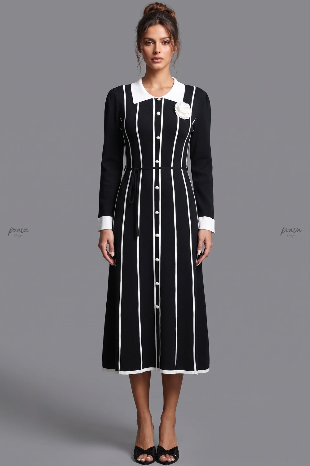 Black Fine-Gauge Ribbed Knit A-Line Midi Dress black fine-gauge ribbed knit dress - product view 1