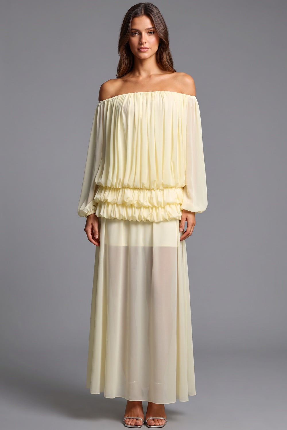 Pale Yellow Chiffon Off-The-Shoulder Blouson Two-Piece Set pale yellow chiffon two-piece set - product view 1