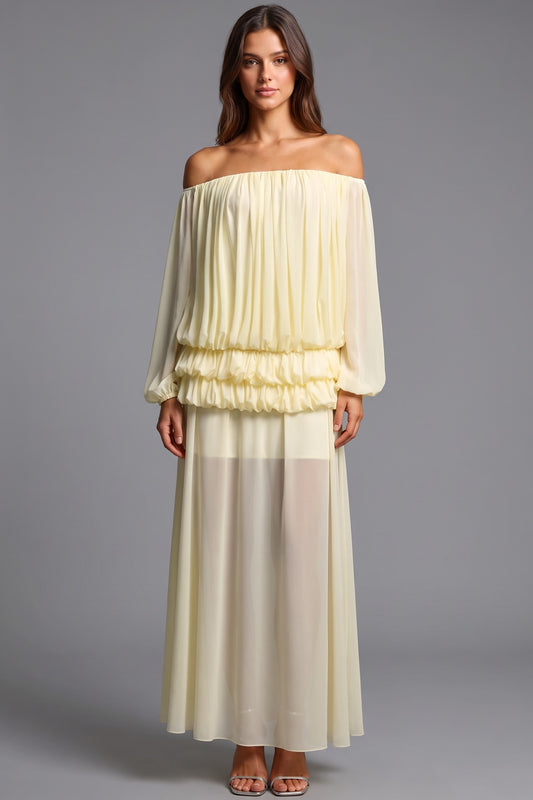 Pale Yellow Chiffon Off-The-Shoulder Blouson Two-Piece Set pale yellow chiffon two-piece set - product view 1