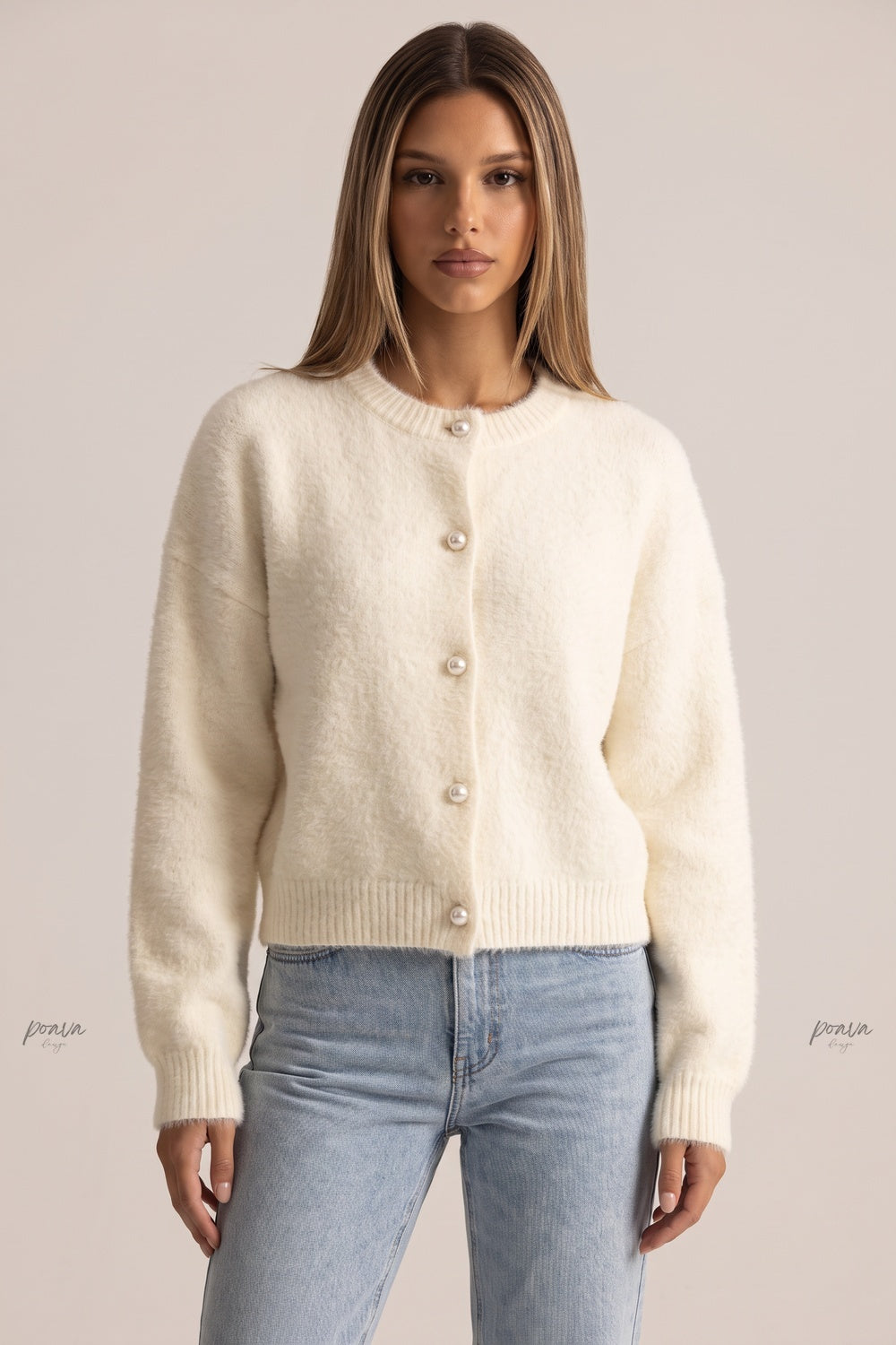 Cream Fuzzy Knit Boxy Drop-Shoulder Cardigan cream, off-white fuzzy knit cardigan - product view 1
