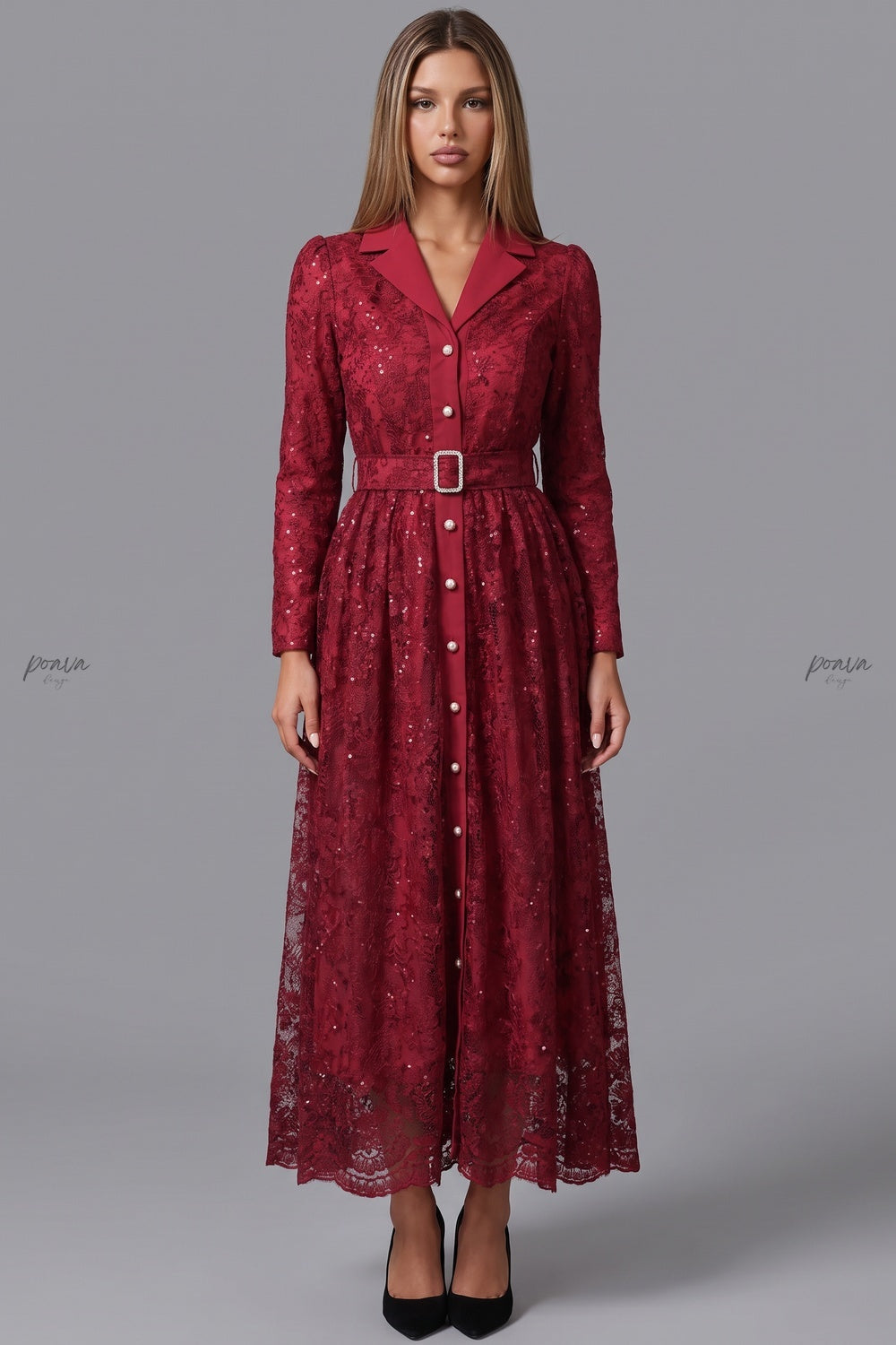Deep Red Floral Lace A-Line Maxi Dress deep red floral lace dress - product view 1
