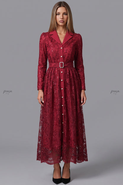 Deep Red Floral Lace A-Line Maxi Dress deep red floral lace dress - product view 1