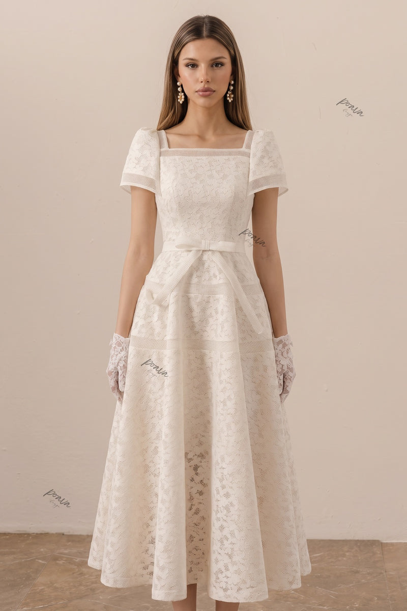 Ivory Floral Lace A-Line Midi Dress with Square Neckline