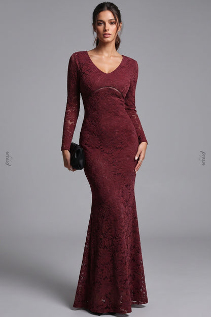 burgundy floral lace mermaid dress burgundy floral lace dress - product view 1