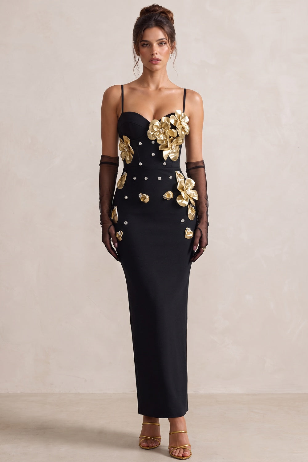 Black Heavy Crepe Column Dress with 3D Metallic Gold Flowers black heavy crepe dress - product view 1