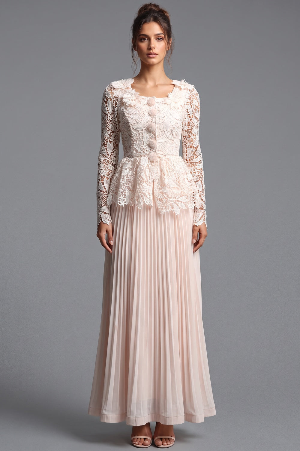 Pale Blush Pink Lace Fitted Peplum Top with A-Line Maxi Skirt Two-Piece Set pale blush pink lace two-piece set - product view 1