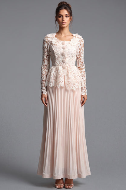 Pale Blush Pink Lace Fitted Peplum Top with A-Line Maxi Skirt Two-Piece Set pale blush pink lace two-piece set - product view 1