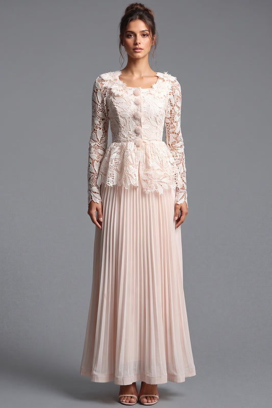 Pale Blush Pink Lace Fitted Peplum Top with A-Line Maxi Skirt Two-Piece Set pale blush pink lace two-piece set - product view 1