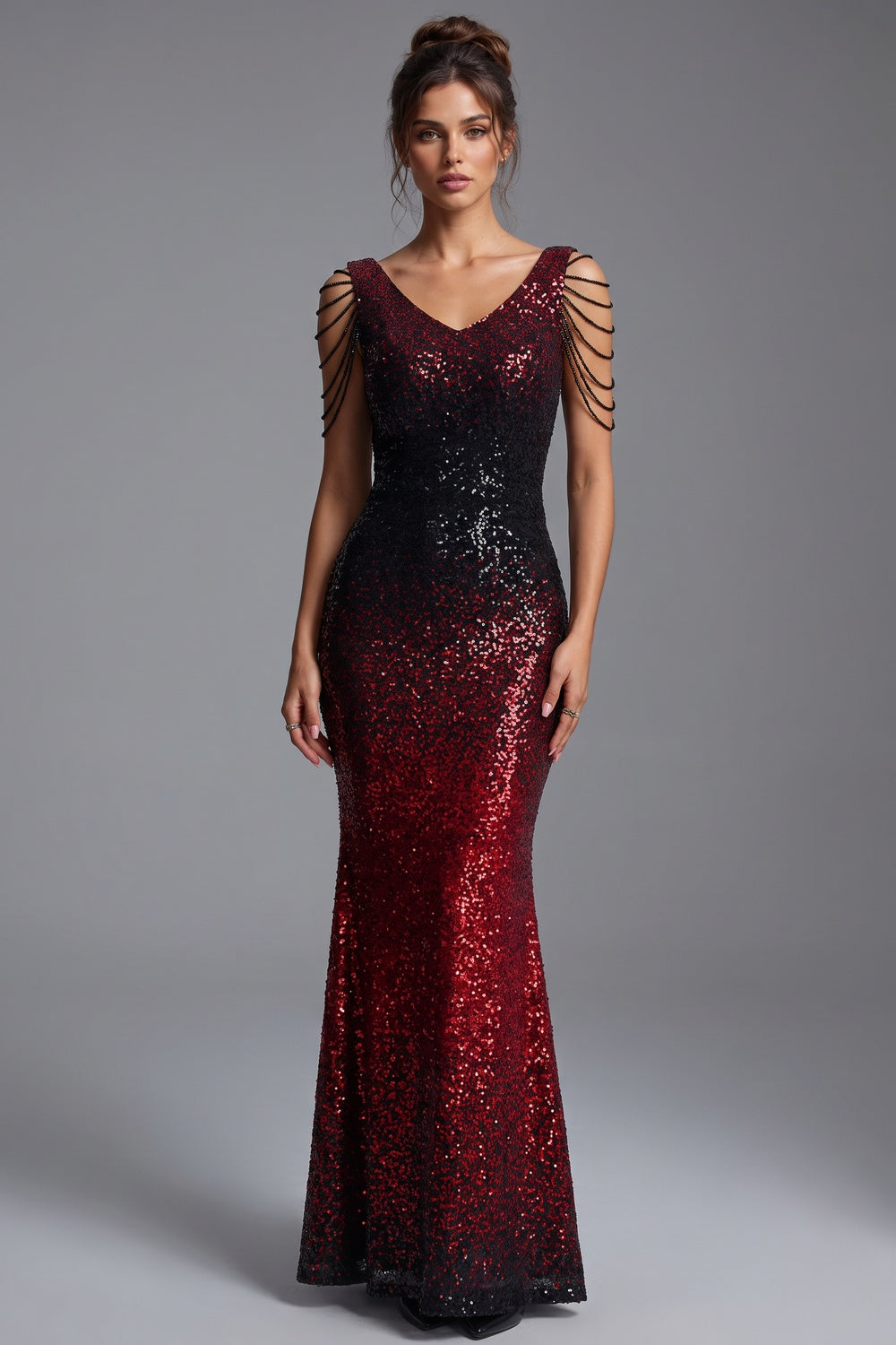 Red and Black Gradient Sequined Mermaid Evening Gown red, black sequined mesh evening gown - product view 1