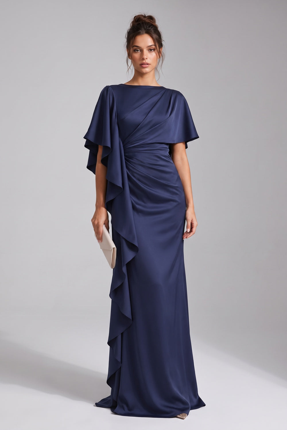 Navy Blue Satin Column Evening Gown with Asymmetrical Drape navy blue satin evening gown - product view 1