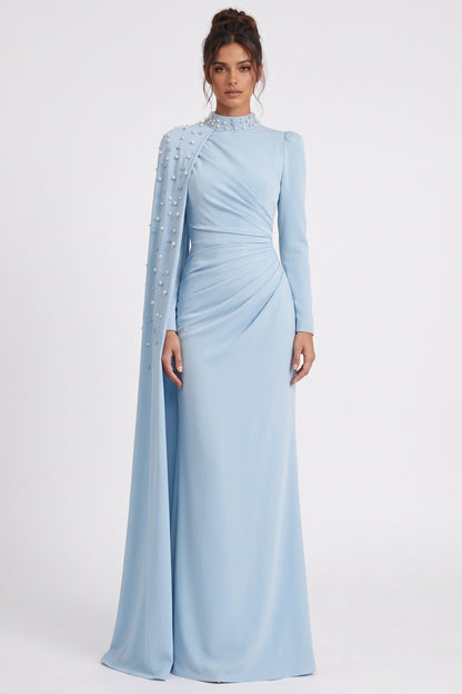 Light Blue Crepe Column with Asymmetrical Cape Evening Gown light blue crepe evening gown - product view 1
