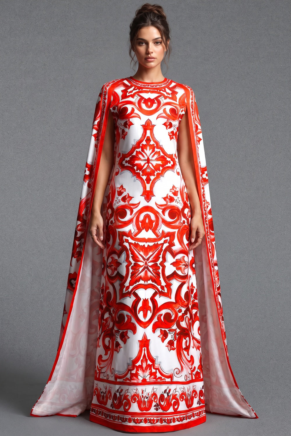 White Majolica Tile Print Cape Dress White Satin or silk crepe Cape dress - product view 1