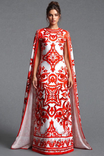 White Majolica Tile Print Cape Dress White Satin or silk crepe Cape dress - product view 1