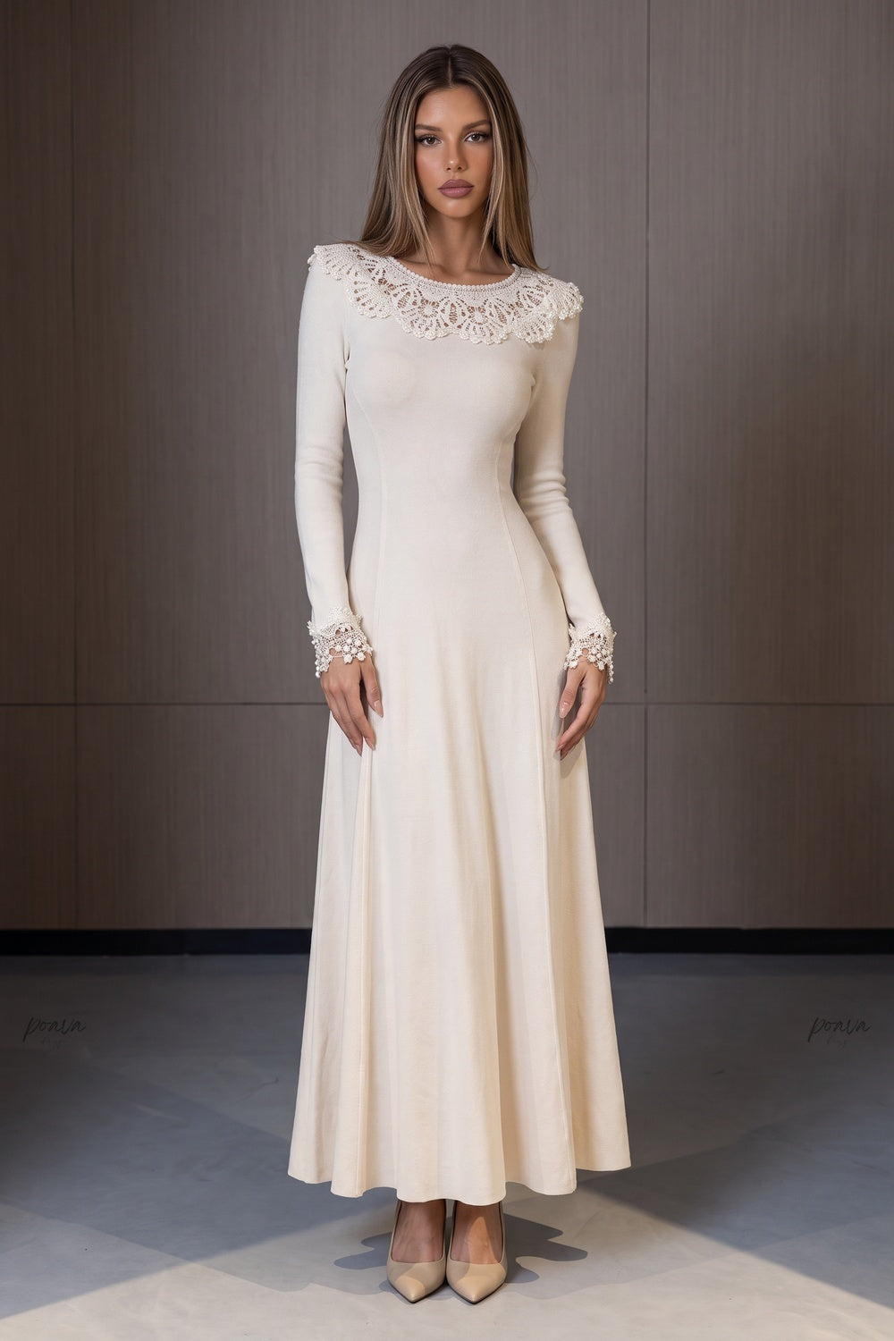 Cream Fine Knit Jersey Fit-and-Flare Dress cream fine knit jersey dress - product view 1