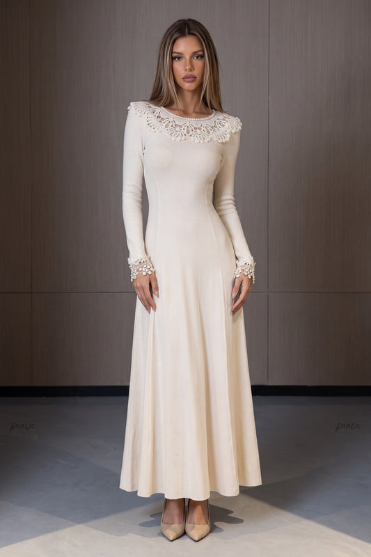 Cream Fine Knit Jersey Fit-and-Flare Dress cream fine knit jersey dress - product view 1
