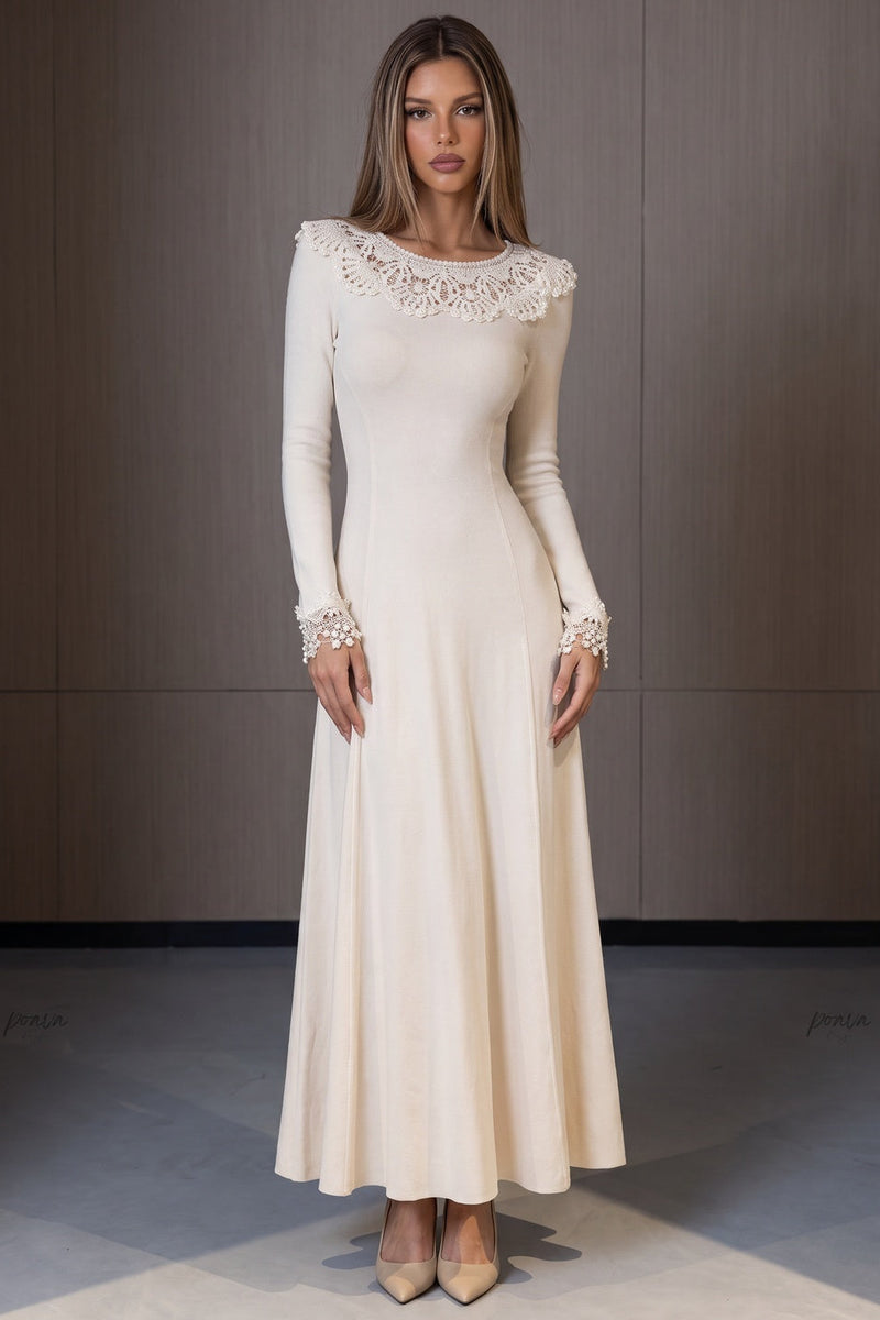 Cream Fine Knit Jersey Fit-and-Flare Dress