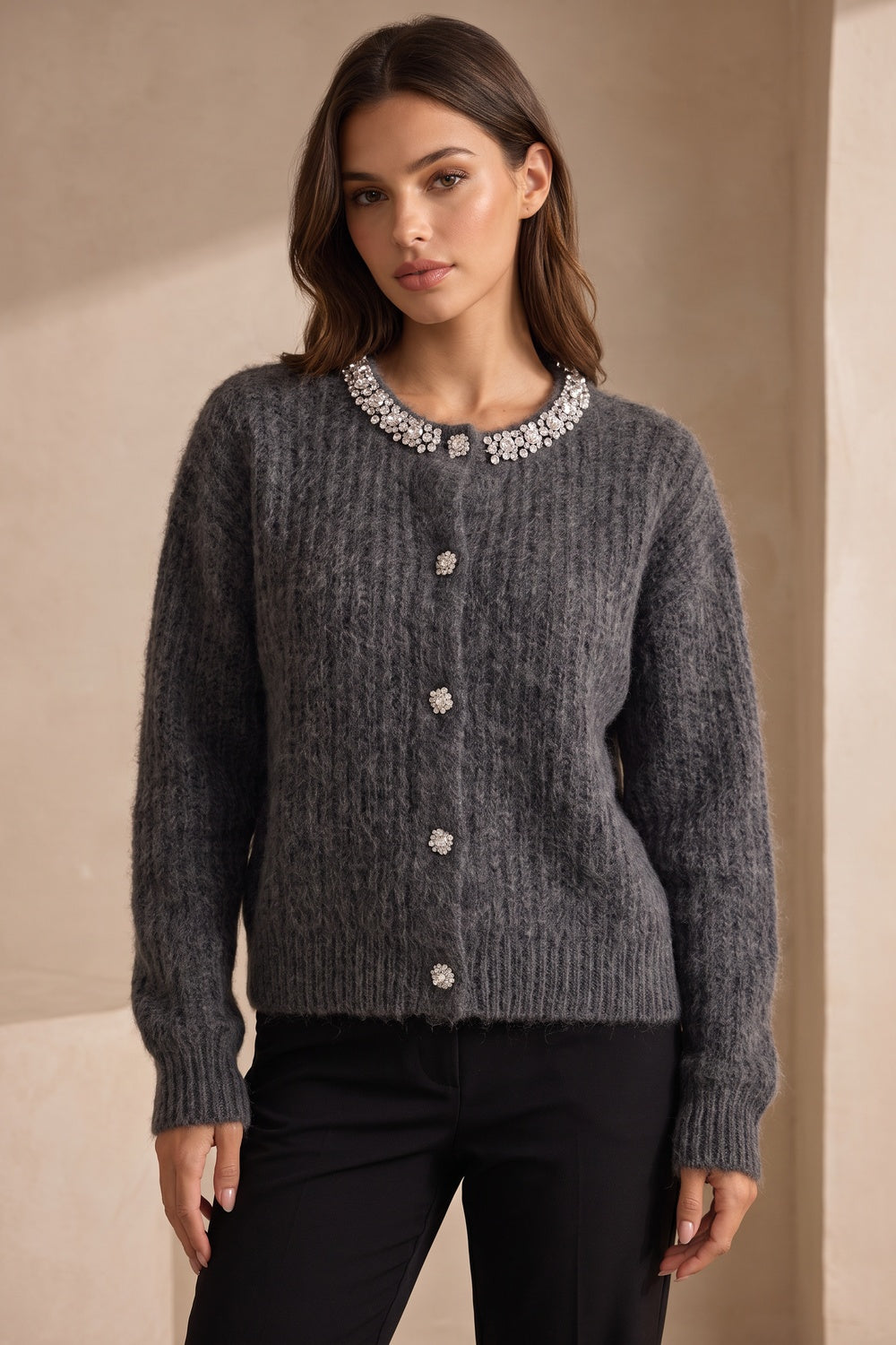 Charcoal Grey Fuzzy Mohair-Style Knit Relaxed Boxy Cardigan charcoal grey fuzzy mohair-style knit cardigan - product view 1