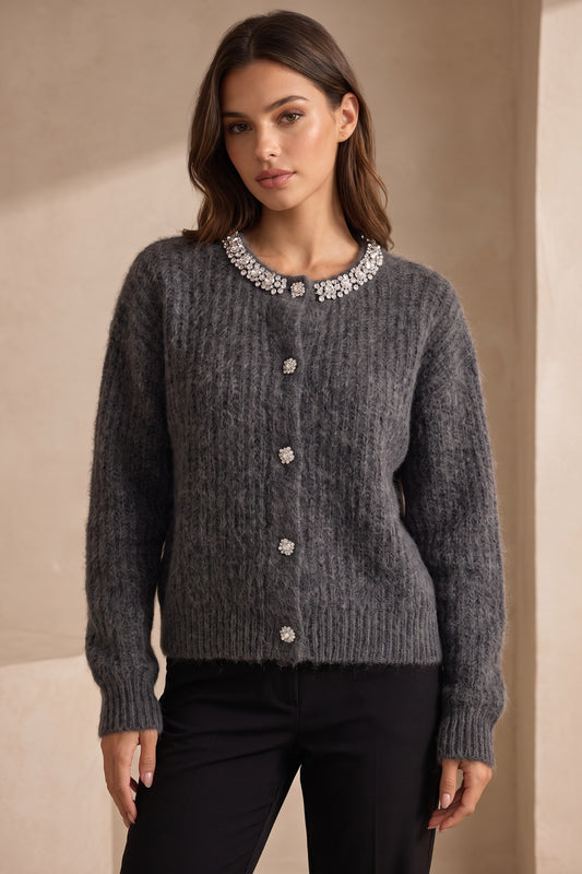 Charcoal Grey Fuzzy Mohair-Style Knit Relaxed Boxy Cardigan charcoal grey fuzzy mohair-style knit cardigan - product view 1