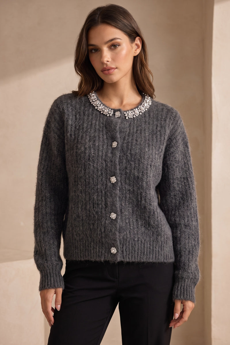 Charcoal Grey Fuzzy Mohair-Style Knit Relaxed Boxy Cardigan