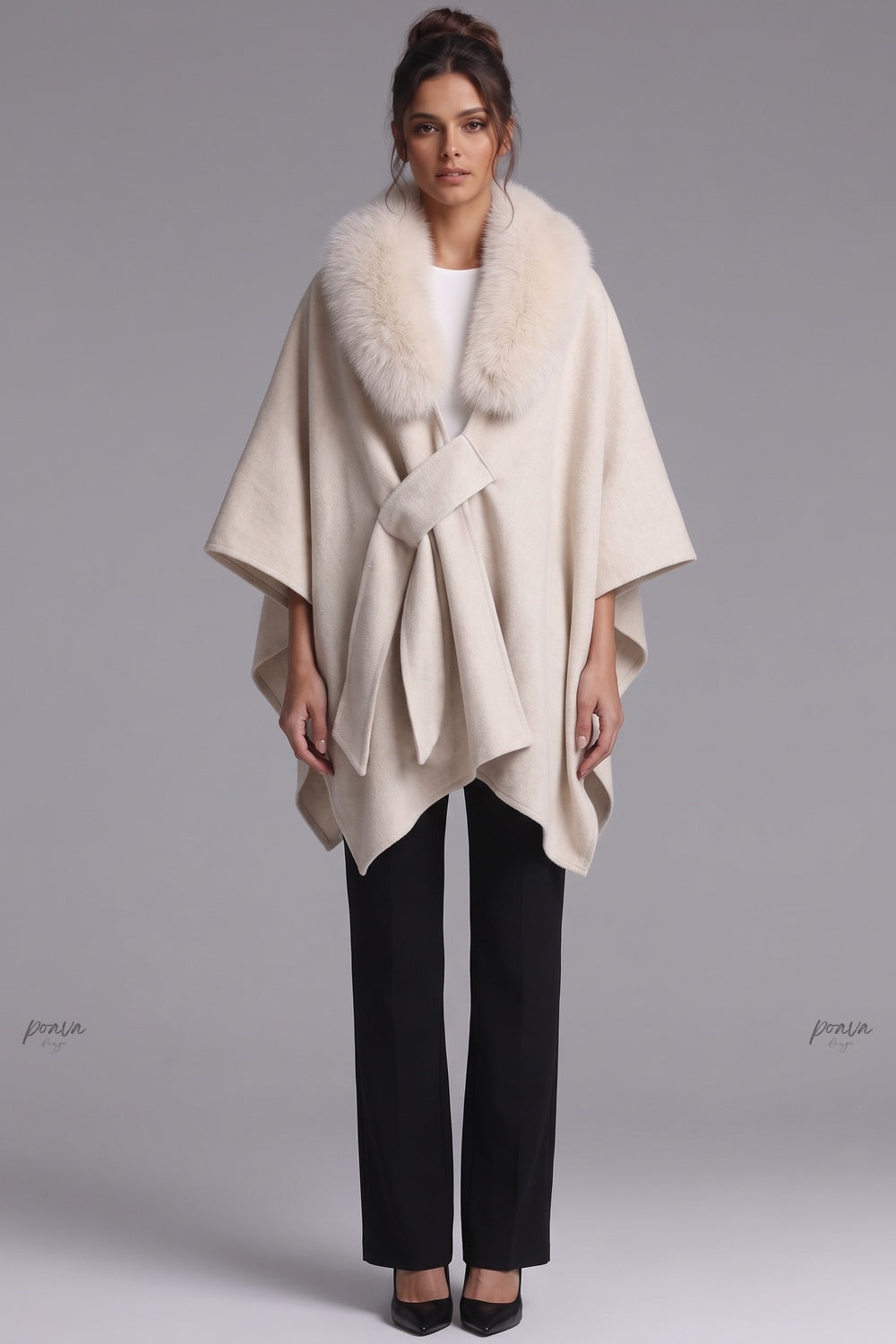 Cream Brushed Wool Blend Draped Wrap Cape Cream, Beige Brushed wool or cashmere blend Cape - product view 1