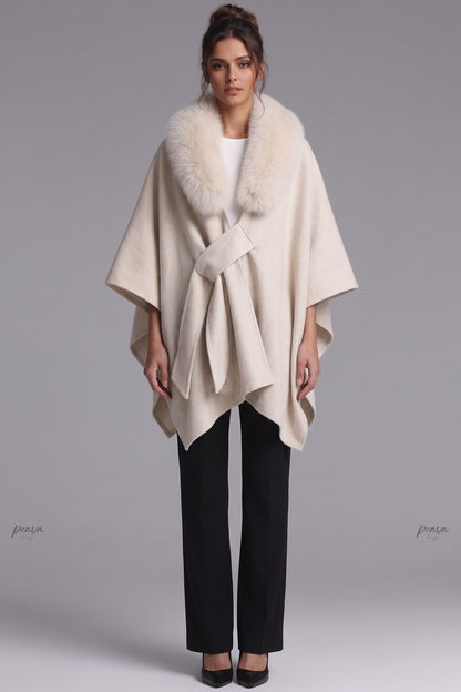 Cream Brushed Wool Blend Draped Wrap Cape Cream, Beige Brushed wool or cashmere blend Cape - product view 1