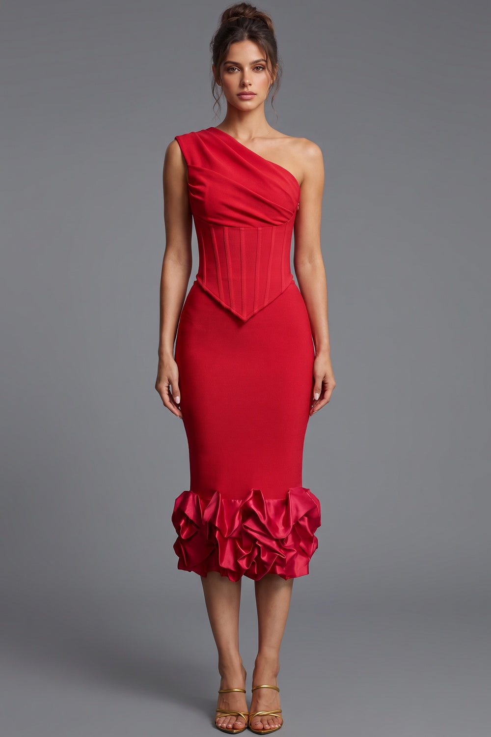 Red Heavy Stretch Crepe Two-Piece Set with Asymmetrical One-Shoulder Corset Top and Ruffled Midi Skirt Red Heavy stretch crepe Two-piece set (corset top and midi skirt) - product view 1