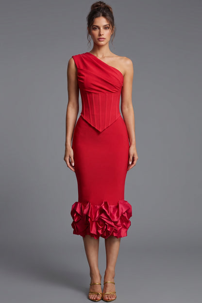 Red Heavy Stretch Crepe Two-Piece Set with Asymmetrical One-Shoulder Corset Top and Ruffled Midi Skirt Red Heavy stretch crepe Two-piece set (corset top and midi skirt) - product view 1