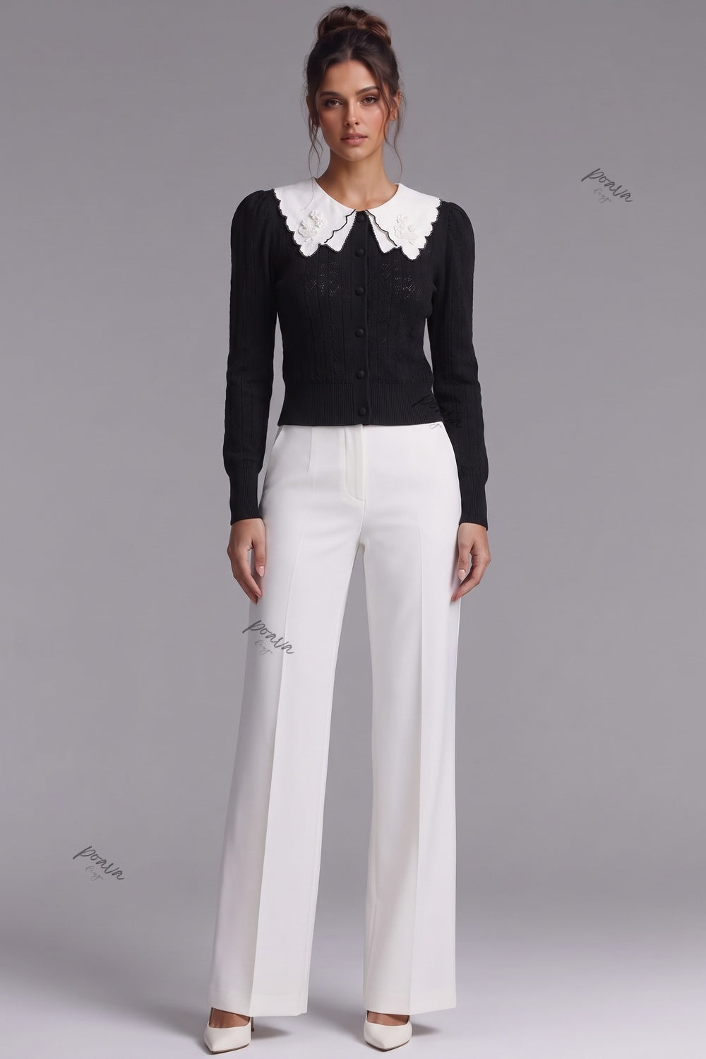 Black Pointelle Knit Cardigan with White Embroidered Collar black fine pointelle knit cardigan - product view 1