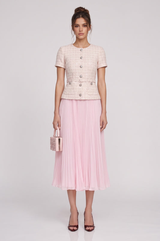 Pale Pink Tweed Fitted Bodice with Peplum and A-Line Skirt Two-Piece Set pale pink, cream tweed two-piece set - product view 1
