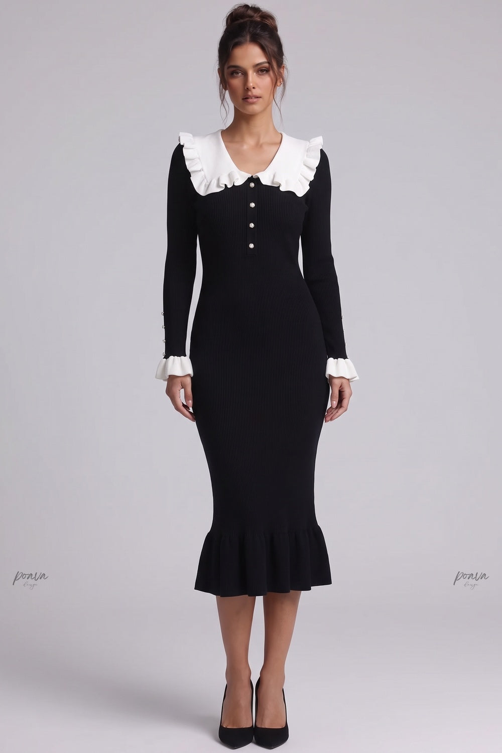 Black Ribbed Knit Mermaid Dress with White Ruffled Collar black ribbed knit dress - product view 1