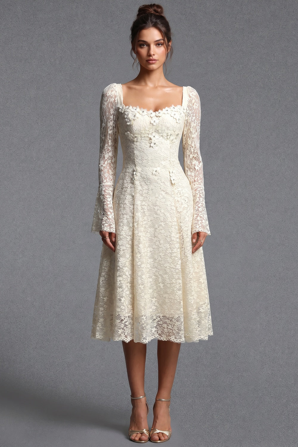 Cream Floral Lace A-Line Midi Dress cream floral lace dress - product view 1