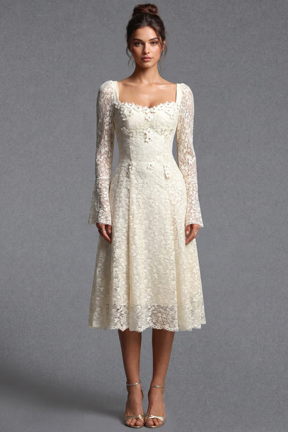 Cream Floral Lace A-Line Midi Dress cream floral lace dress - product view 1