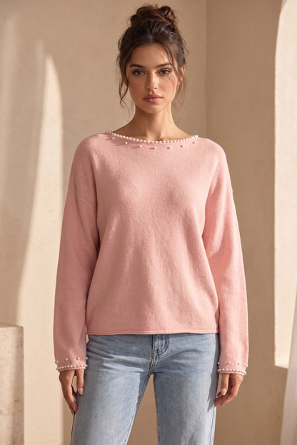 Pastel Pink Pearl Trim Drop Shoulder Sweater pastel pink soft fine knit sweater - product view 1