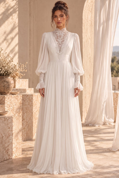 White Chiffon A-Line Gown with Lace Details white chiffon gown - product view 1