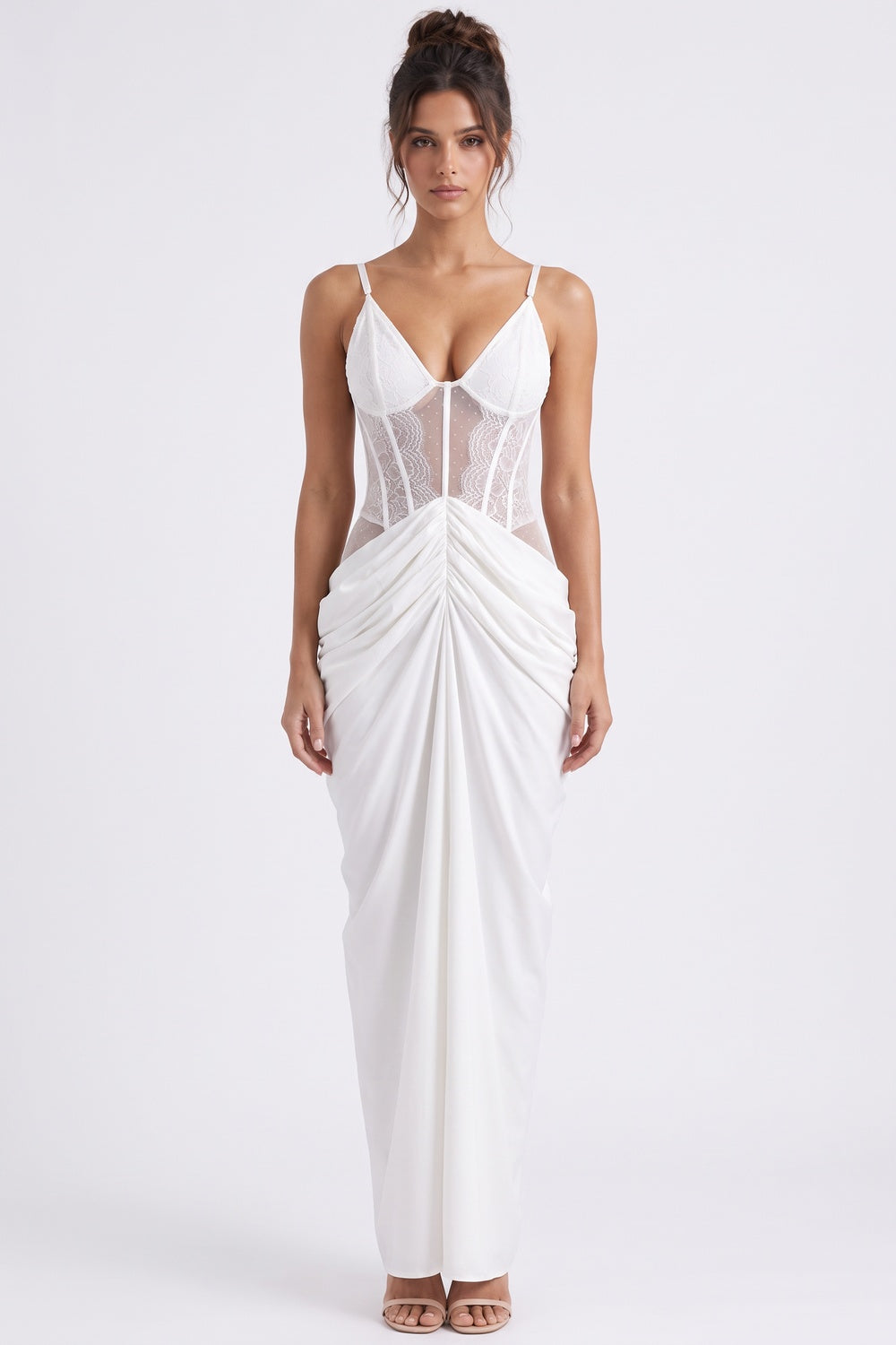 White Crepe Maxi Dress with Corset Lace Bodice and Draped Skirt white crepe maxi dress - product view 1