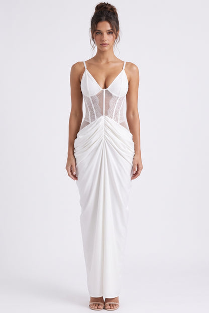 White Crepe Maxi Dress with Corset Lace Bodice and Draped Skirt white crepe maxi dress - product view 1