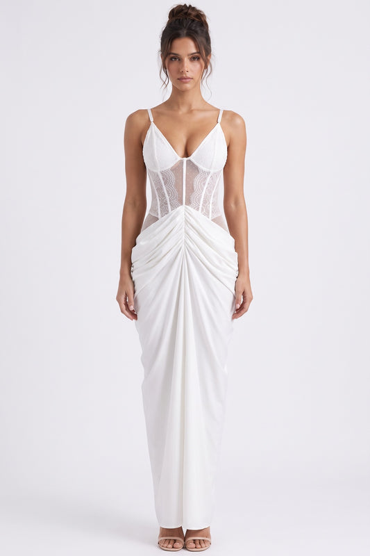 White Crepe Maxi Dress with Corset Lace Bodice and Draped Skirt white crepe maxi dress - product view 1