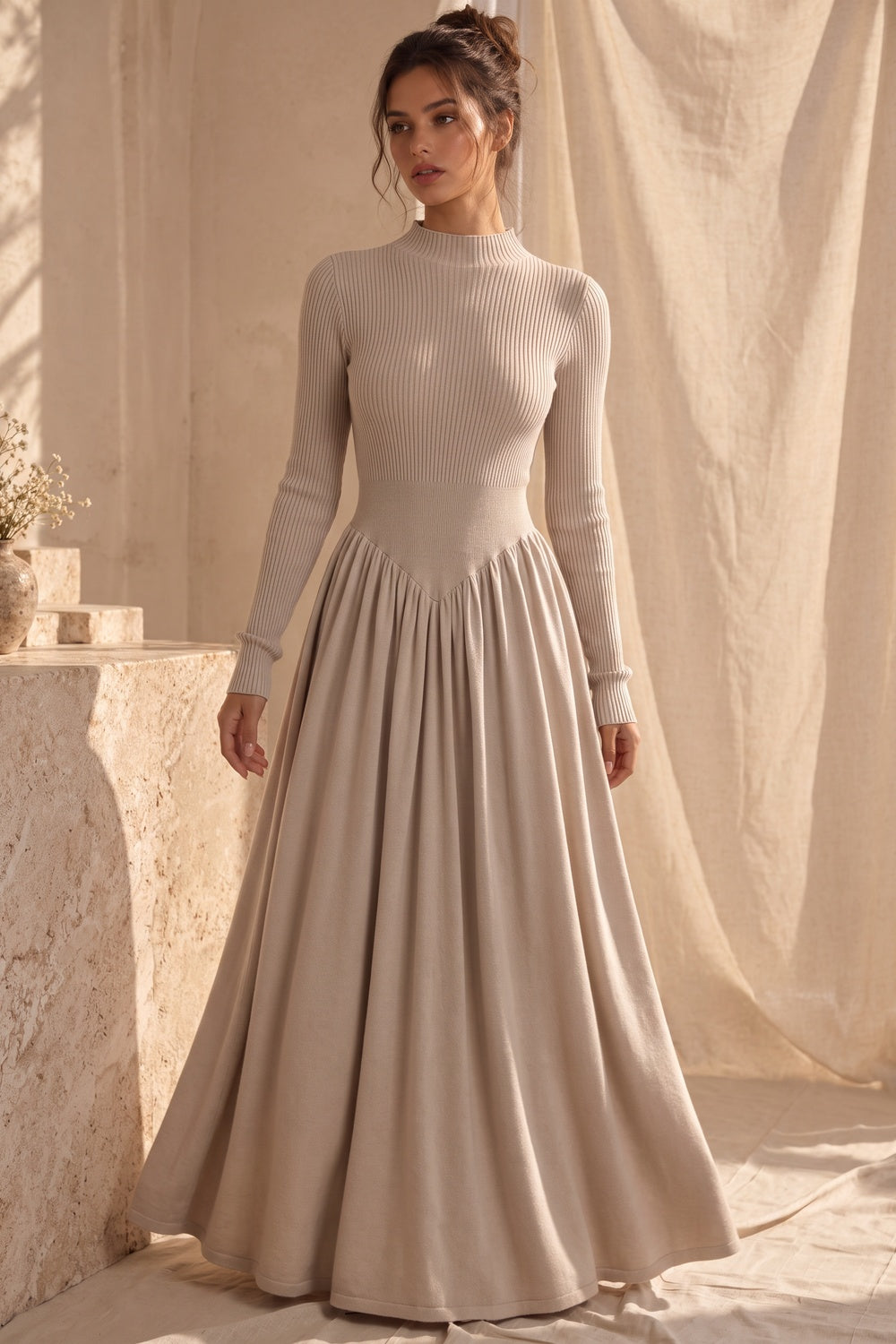 Beige Ribbed Knit Maxi Dress beige knit dress - product view 1