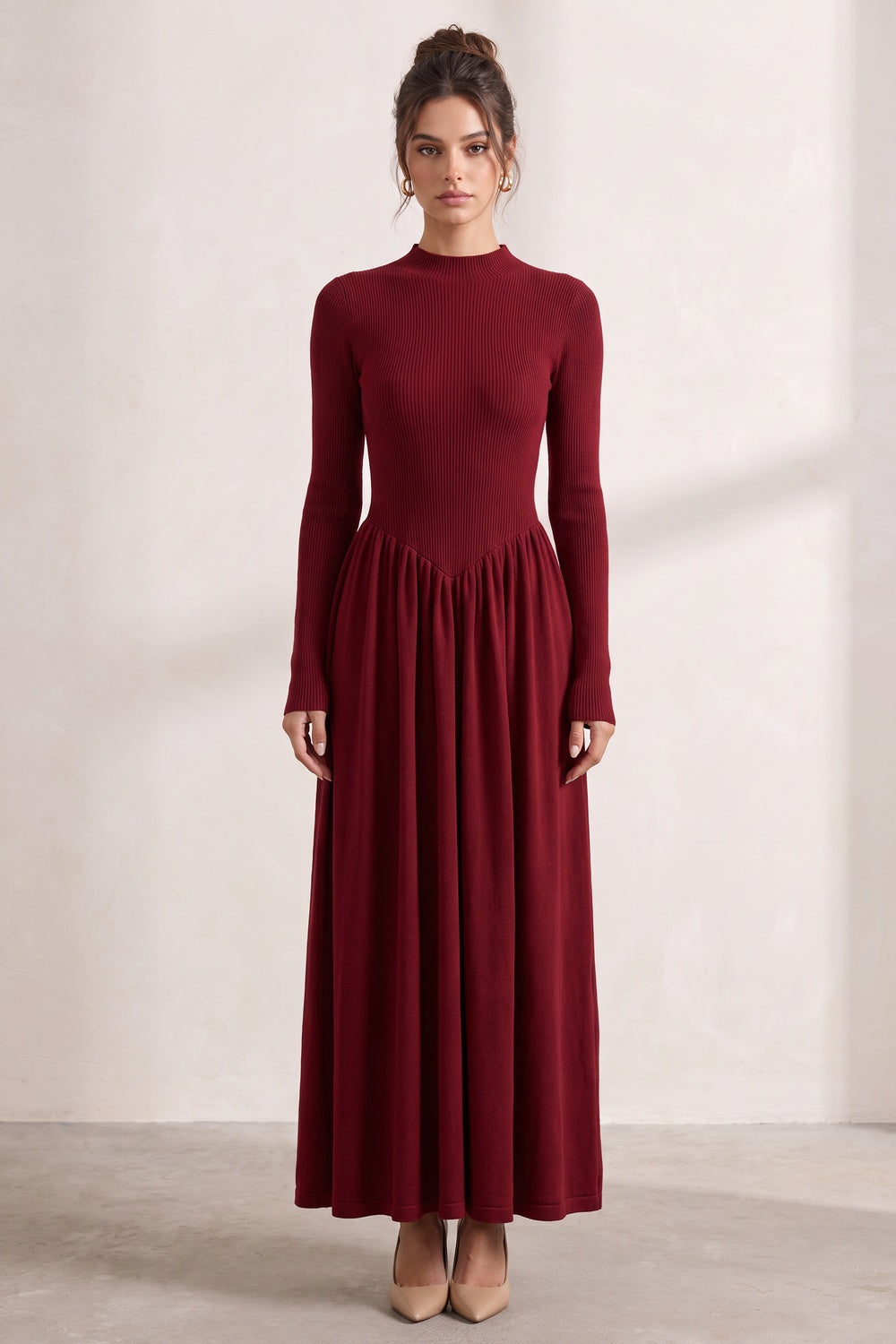 Dark Red Ribbed Knit A-Line Maxi Dress dark red ribbed knit maxi dress - product view 1